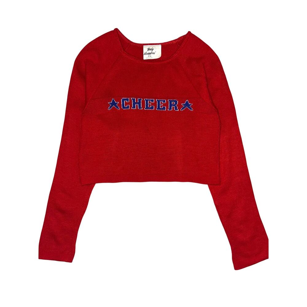 Vintage Y2K Body Wrappers Girls Red Blue Sparkle 'Cheer' Cropped Knit Top 12-14